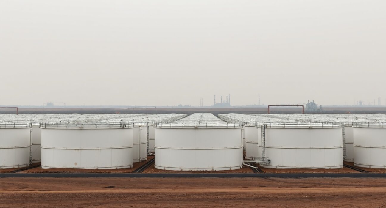 Empty oil storage tanks at an industrial terminal under overcast sky, representing bearish oil market outlook.