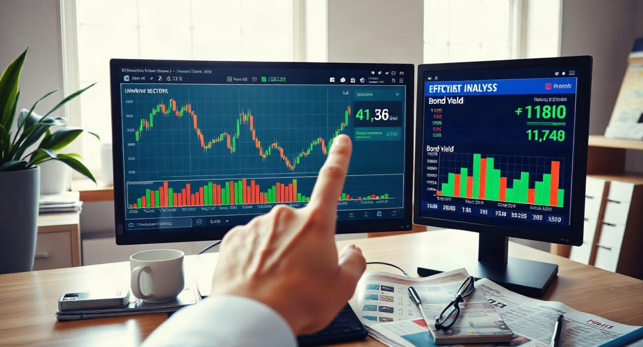 Financial analyst reviewing equity defensive rotation and yield charts on a monitor