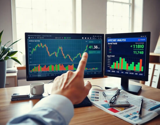Financial analyst reviewing equity defensive rotation and yield charts on a monitor