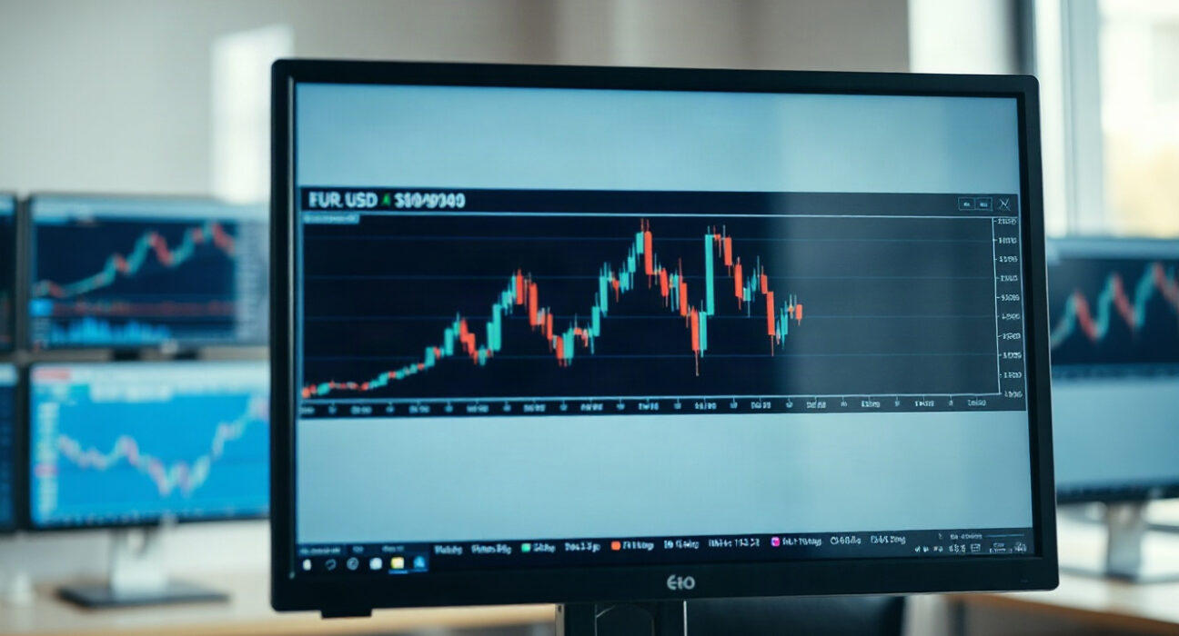EUR/USD trading chart on a screen in a financial office, reflecting ECB policy expectations.