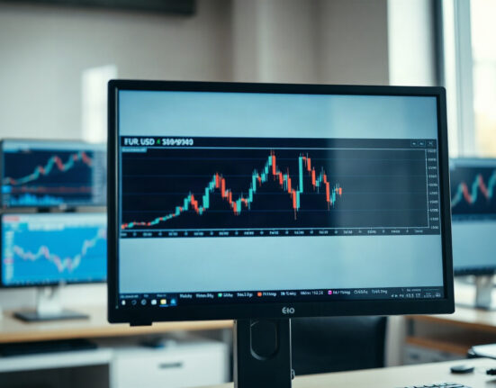 EUR/USD trading chart on a screen in a financial office, reflecting ECB policy expectations.