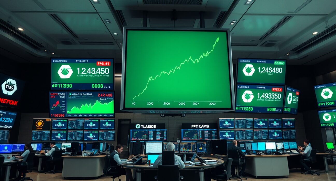 Financial trading floor with screens showing rising stock charts and earnings data, reflecting bullish market sentiment.