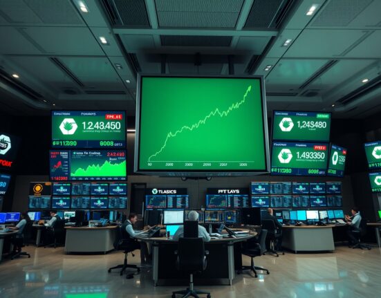 Financial trading floor with screens showing rising stock charts and earnings data, reflecting bullish market sentiment.