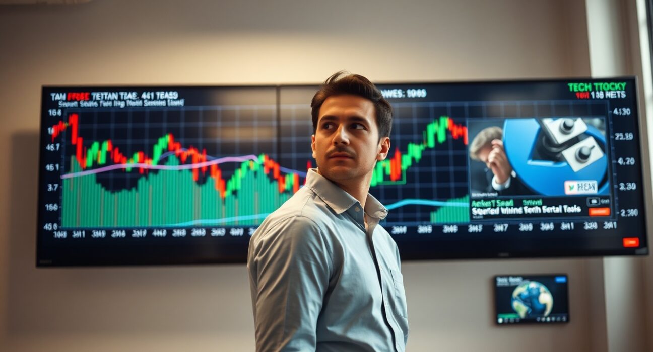 Financial analyst monitoring stock market charts showing tech sector decline and volatility