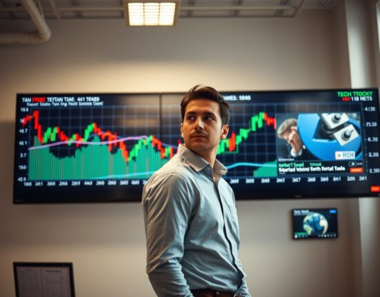 Financial analyst monitoring stock market charts showing tech sector decline and volatility
