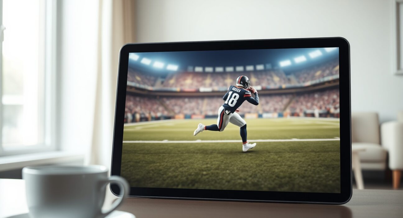 Digital sports collectible on tablet with football player and stadium background
