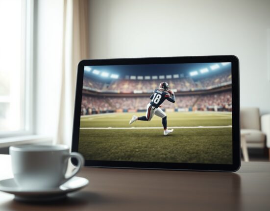 Digital sports collectible on tablet with football player and stadium background