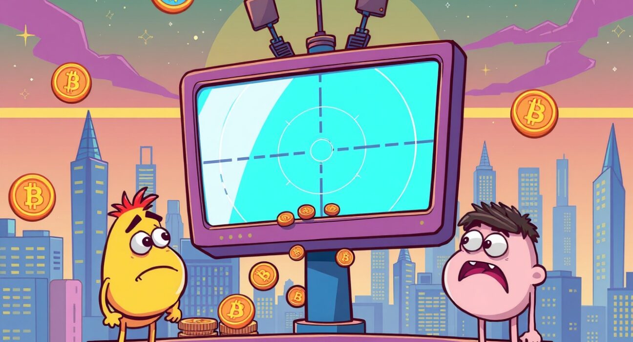 DappRadar shutdown depicted as fading radar signals in crypto landscape