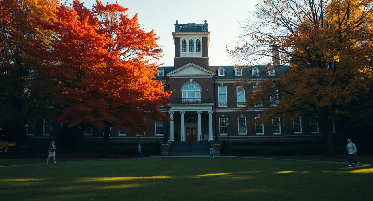 Dartmouth College campus on a sunny autumn day with students walking near Baker-Berry Library