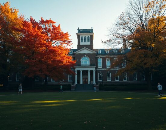 Dartmouth College campus on a sunny autumn day with students walking near Baker-Berry Library