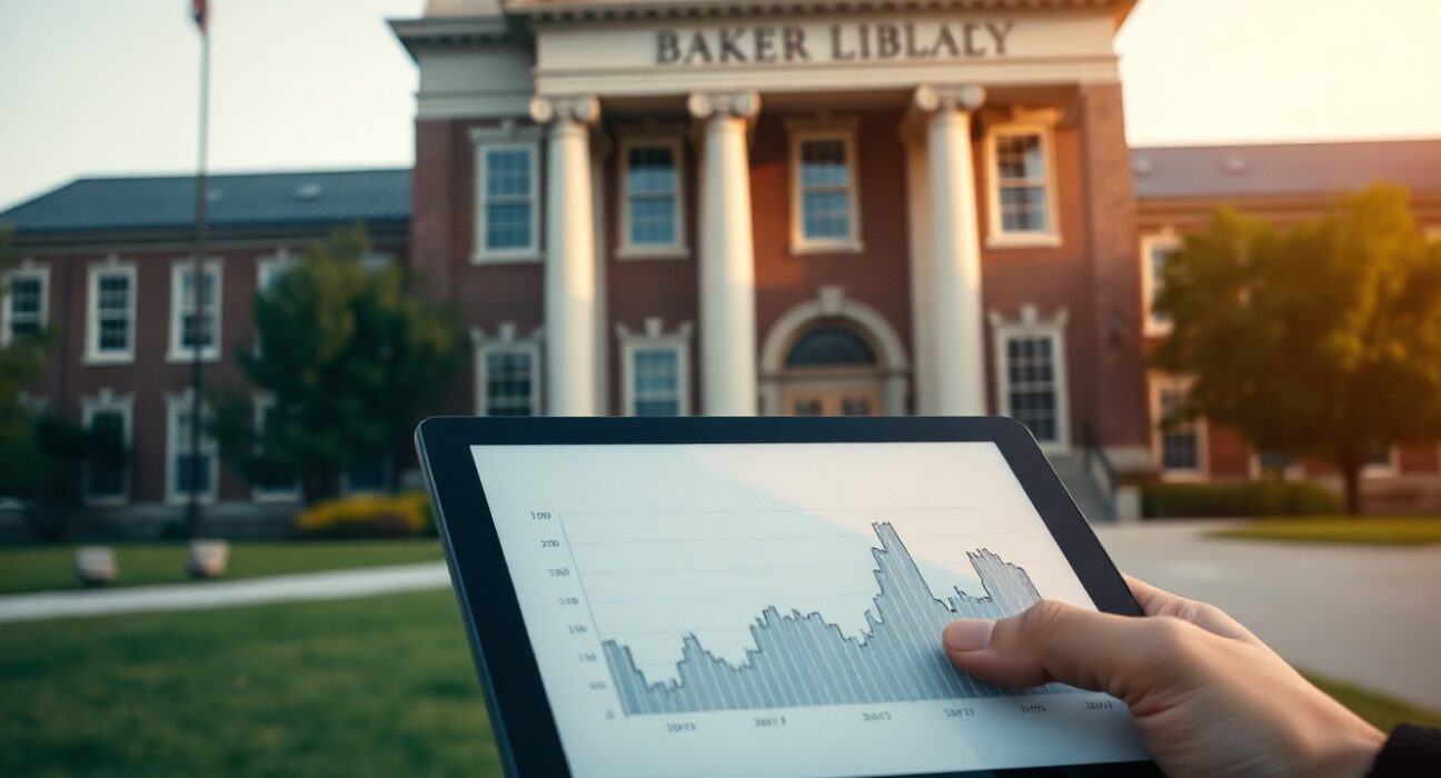 Dartmouth College campus building with a financial chart showing declining crypto ETF values.