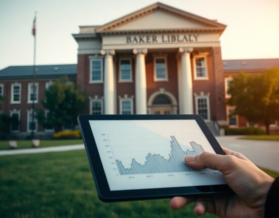Dartmouth College campus building with a financial chart showing declining crypto ETF values.
