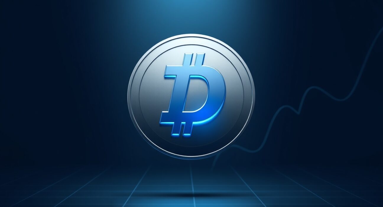 Futuristic silver and blue Dash coin on a dark financial grid background