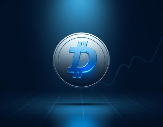 Futuristic silver and blue Dash coin on a dark financial grid background