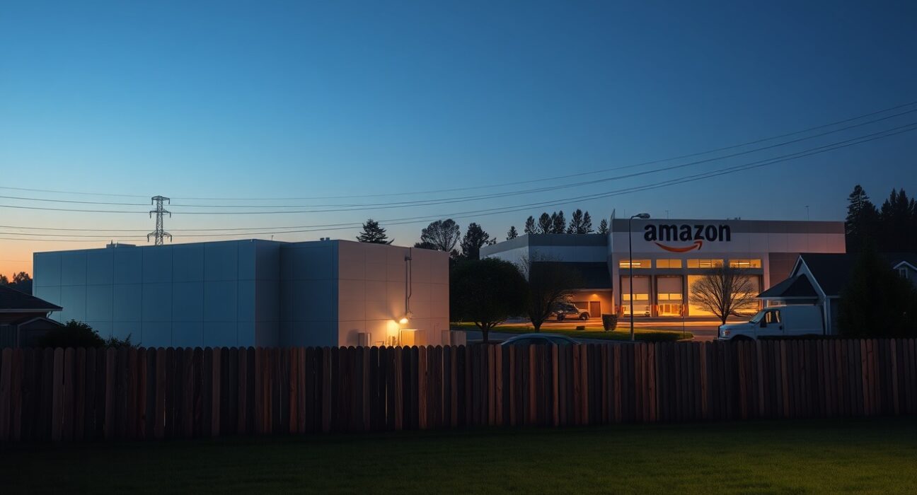 Comparison of data center and Amazon warehouse near residential homes illustrating community planning debate.