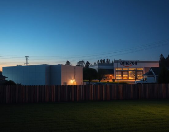 Comparison of data center and Amazon warehouse near residential homes illustrating community planning debate.