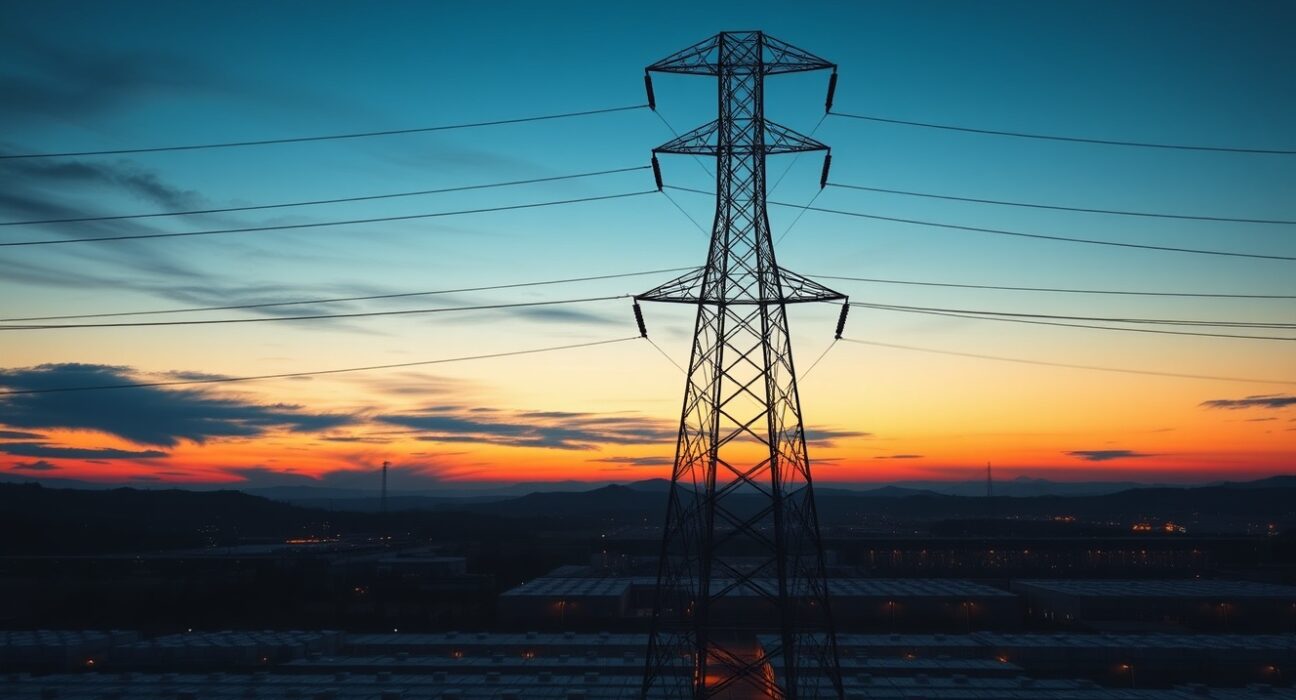 Aerial view of a large data center campus near power transmission lines at dusk, illustrating grid connectivity challenges.
