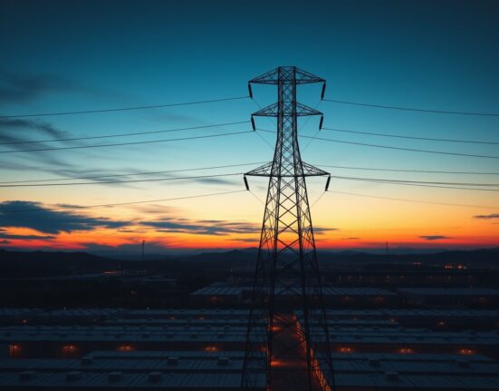 Aerial view of a large data center campus near power transmission lines at dusk, illustrating grid connectivity challenges.