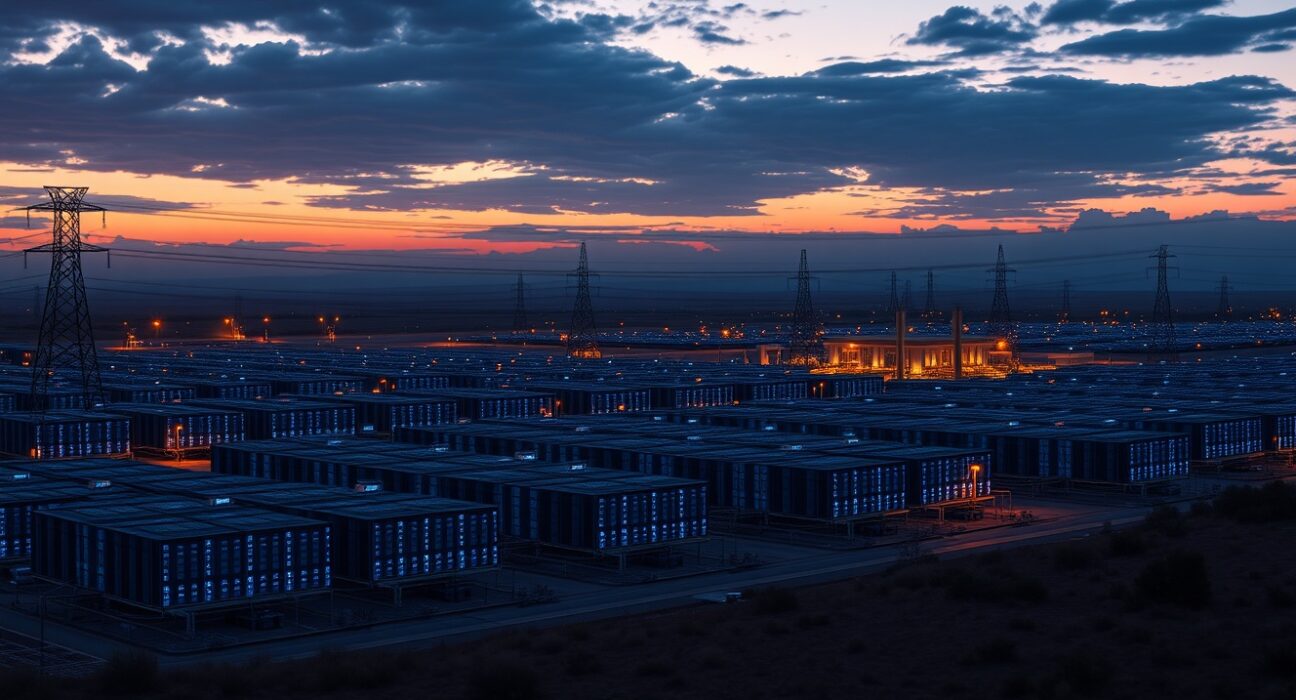 Aerial view of a large data center complex at dusk with power lines and cooling infrastructure visible.