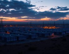 Aerial view of a large data center complex at dusk with power lines and cooling infrastructure visible.