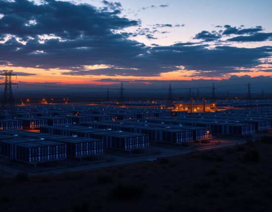 Aerial view of a large data center complex at dusk with power lines and cooling infrastructure visible.