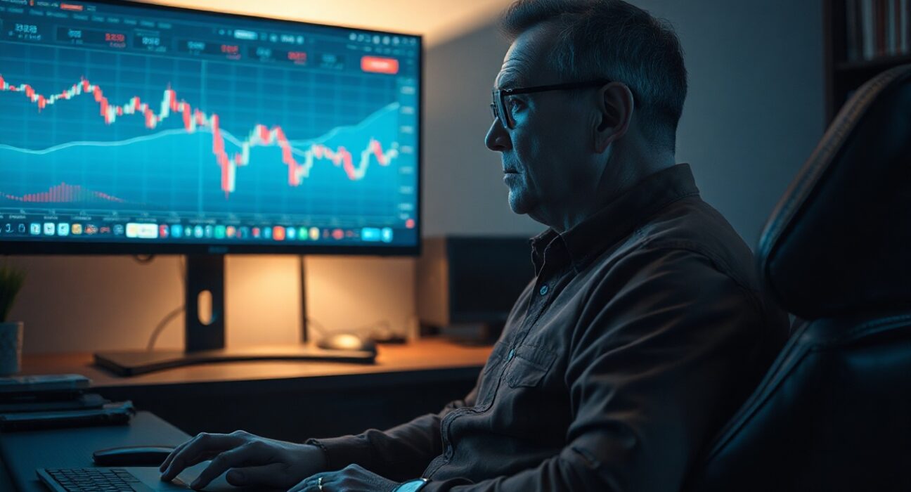 Dave Portnoy looking at crypto charts on a monitor in a home office