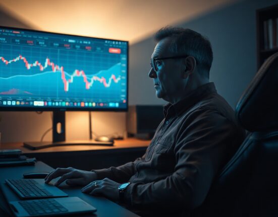 Dave Portnoy looking at crypto charts on a monitor in a home office