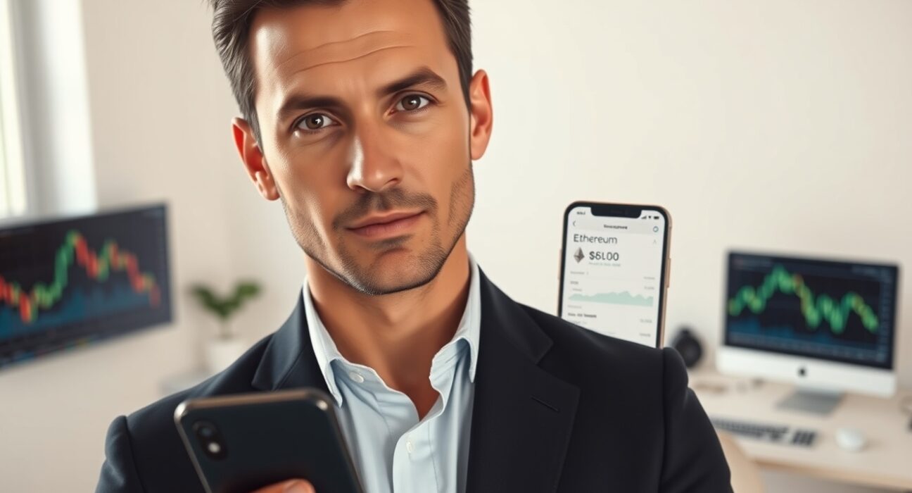 David Hoffman, Bankless host, holding a smartphone displaying an Ethereum sell order in a modern office setting.