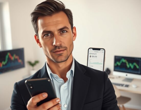 David Hoffman, Bankless host, holding a smartphone displaying an Ethereum sell order in a modern office setting.