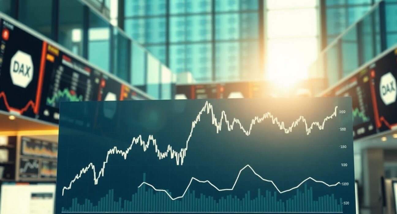 DAX index chart showing wave five pattern on a trading floor display
