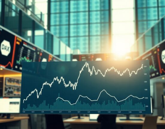 DAX index chart showing wave five pattern on a trading floor display