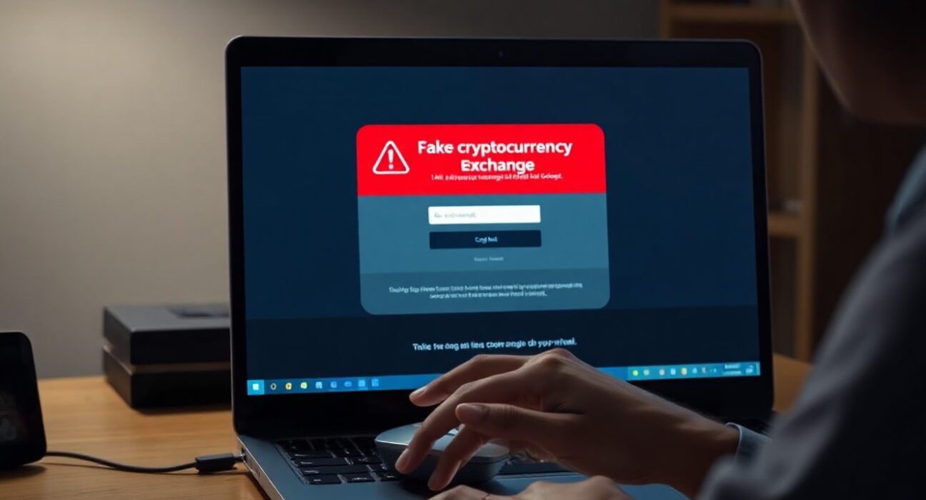 Person hesitating over a laptop showing a fake cryptocurrency exchange login page with a warning alert.
