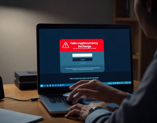 Person hesitating over a laptop showing a fake cryptocurrency exchange login page with a warning alert.