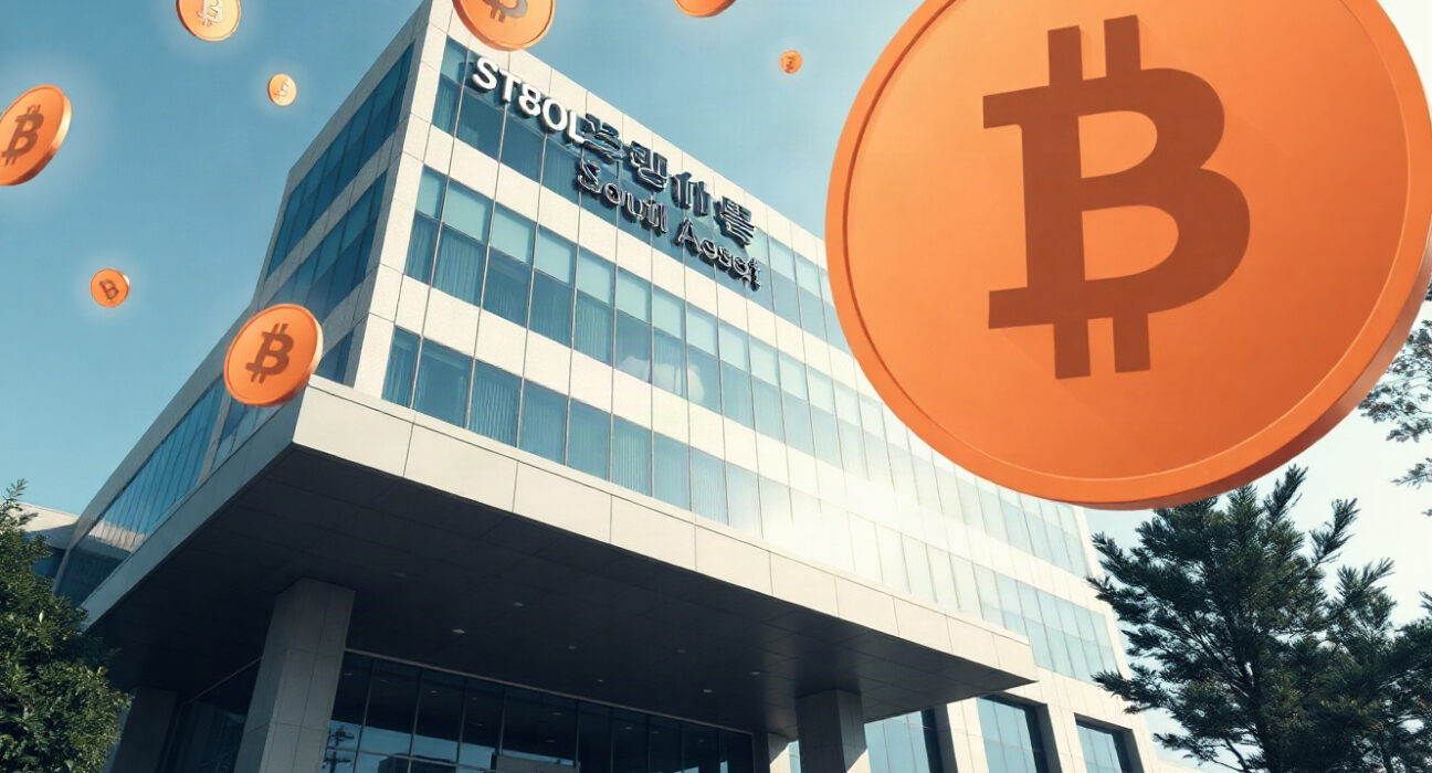 Seoul office building with digital crypto symbols representing offshore exchange regulation