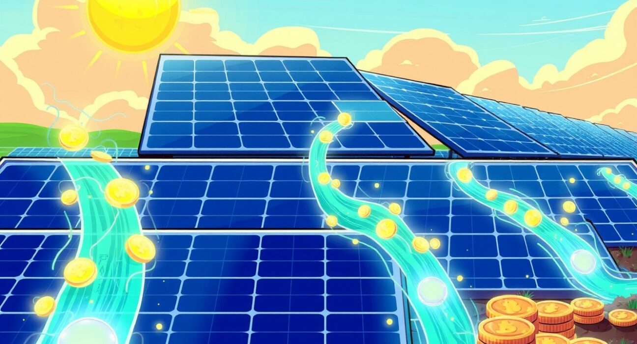 Cartoon illustration showing solar energy being converted into digital tokens to tokenize electricity revenue.