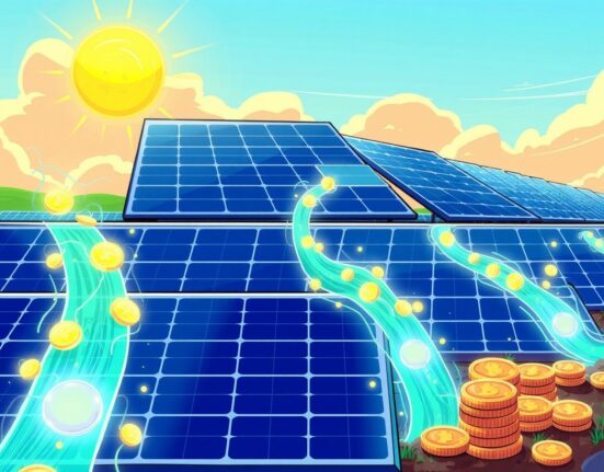 Cartoon illustration showing solar energy being converted into digital tokens to tokenize electricity revenue.