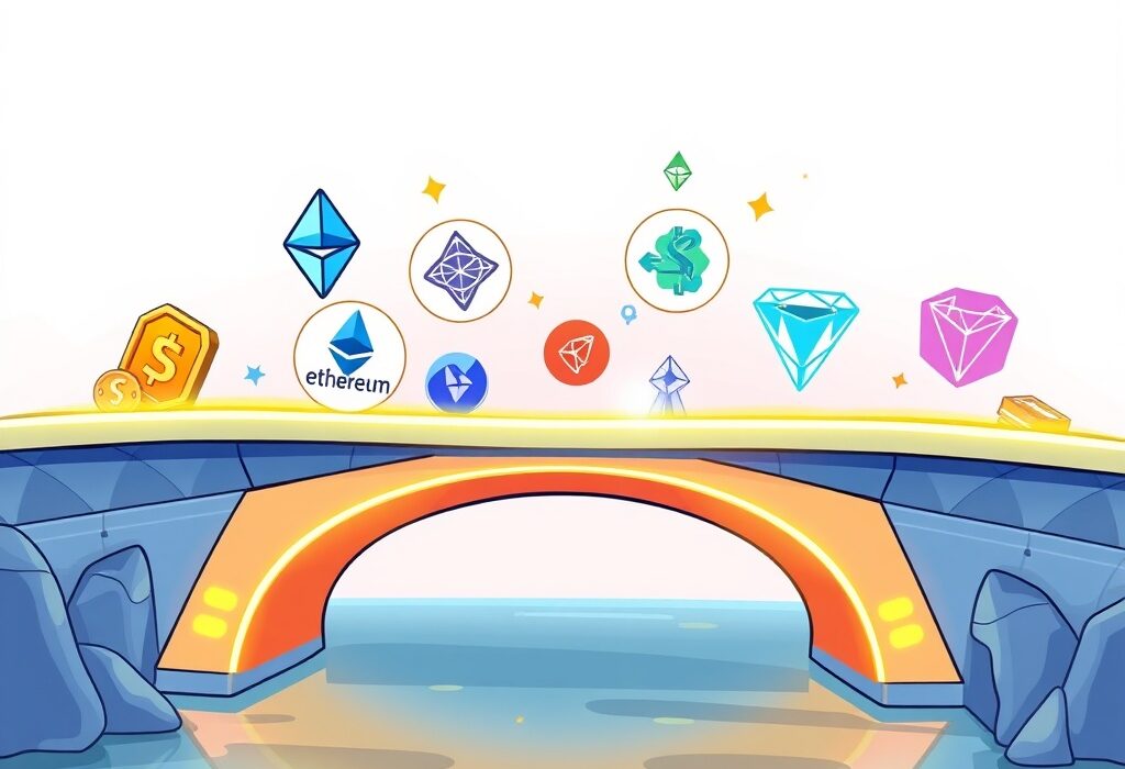 A cartoon bridge connecting diverse blockchain networks, symbolizing DBridge Tron support for seamless cross-chain asset transfers.