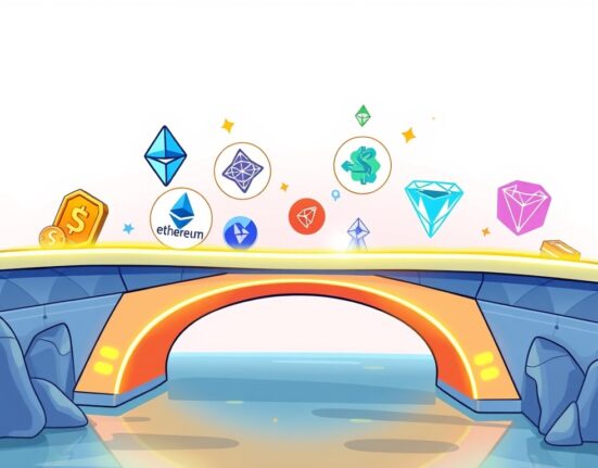 A cartoon bridge connecting diverse blockchain networks, symbolizing DBridge Tron support for seamless cross-chain asset transfers.