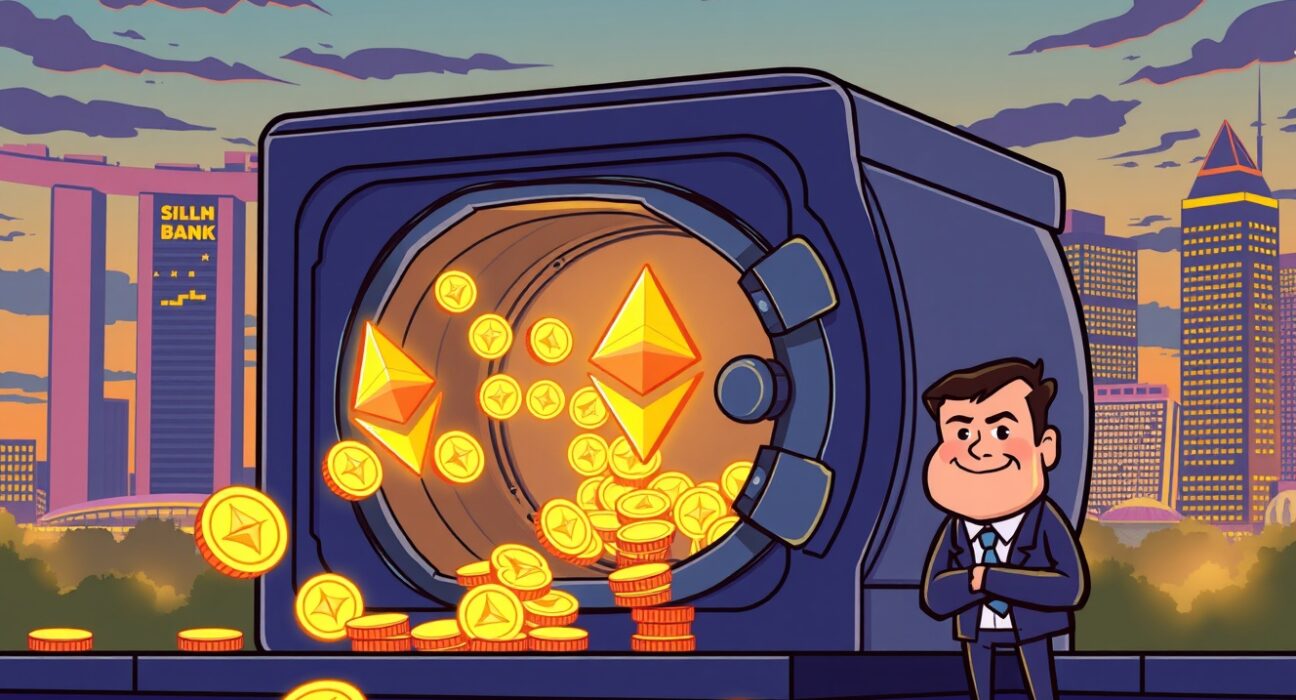 Cartoon illustration of a DBS Bank ETH withdrawal showing digital Ethereum flowing from an institutional vault.