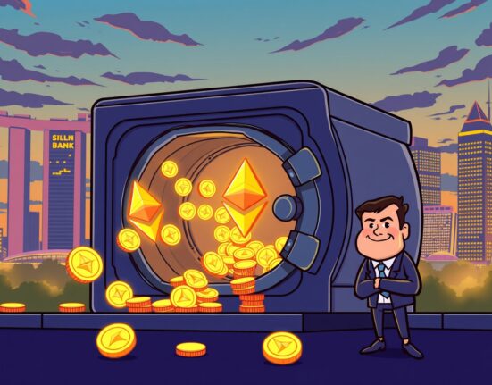 Cartoon illustration of a DBS Bank ETH withdrawal showing digital Ethereum flowing from an institutional vault.