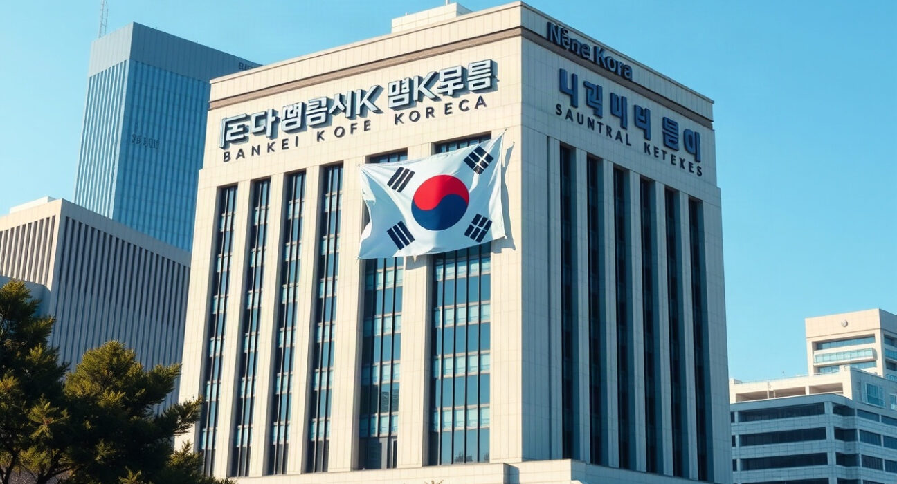 Bank of Korea headquarters in Seoul with South Korean flag, symbolizing monetary policy decisions affecting the won.