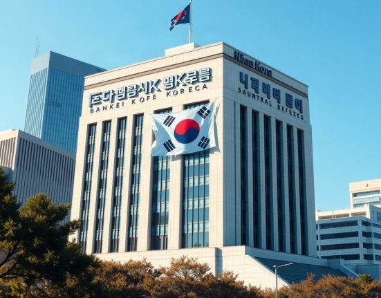 Bank of Korea headquarters in Seoul with South Korean flag, symbolizing monetary policy decisions affecting the won.