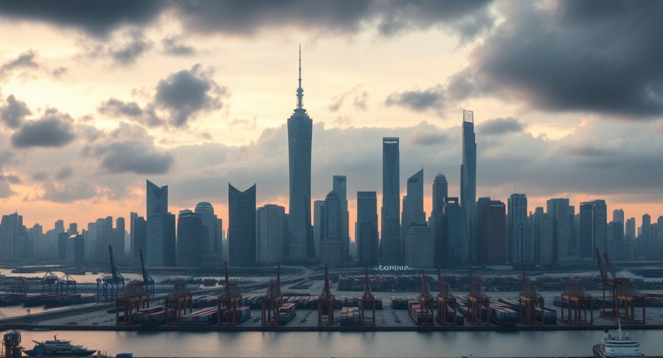 Skyline of a Chinese city at dusk with port and cargo ships in the foreground, representing economic activity.