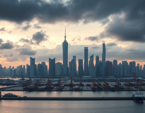Skyline of a Chinese city at dusk with port and cargo ships in the foreground, representing economic activity.