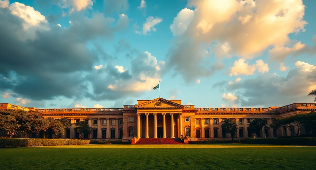 Reserve Bank of India headquarters in Mumbai during golden hour, representing monetary policy stance.