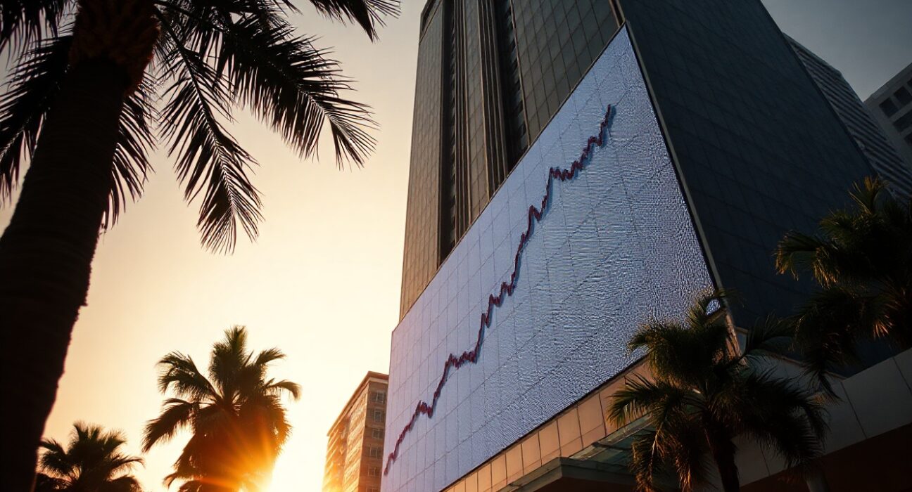 Financial district in Jakarta with a digital display showing IDR exchange rate graph