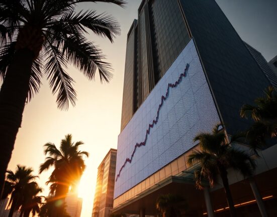 Financial district in Jakarta with a digital display showing IDR exchange rate graph