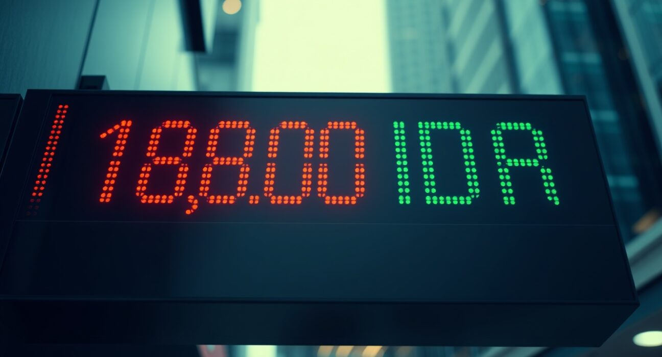 Digital currency exchange board in Jakarta showing USD/IDR rate above 18,000