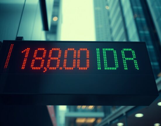Digital currency exchange board in Jakarta showing USD/IDR rate above 18,000