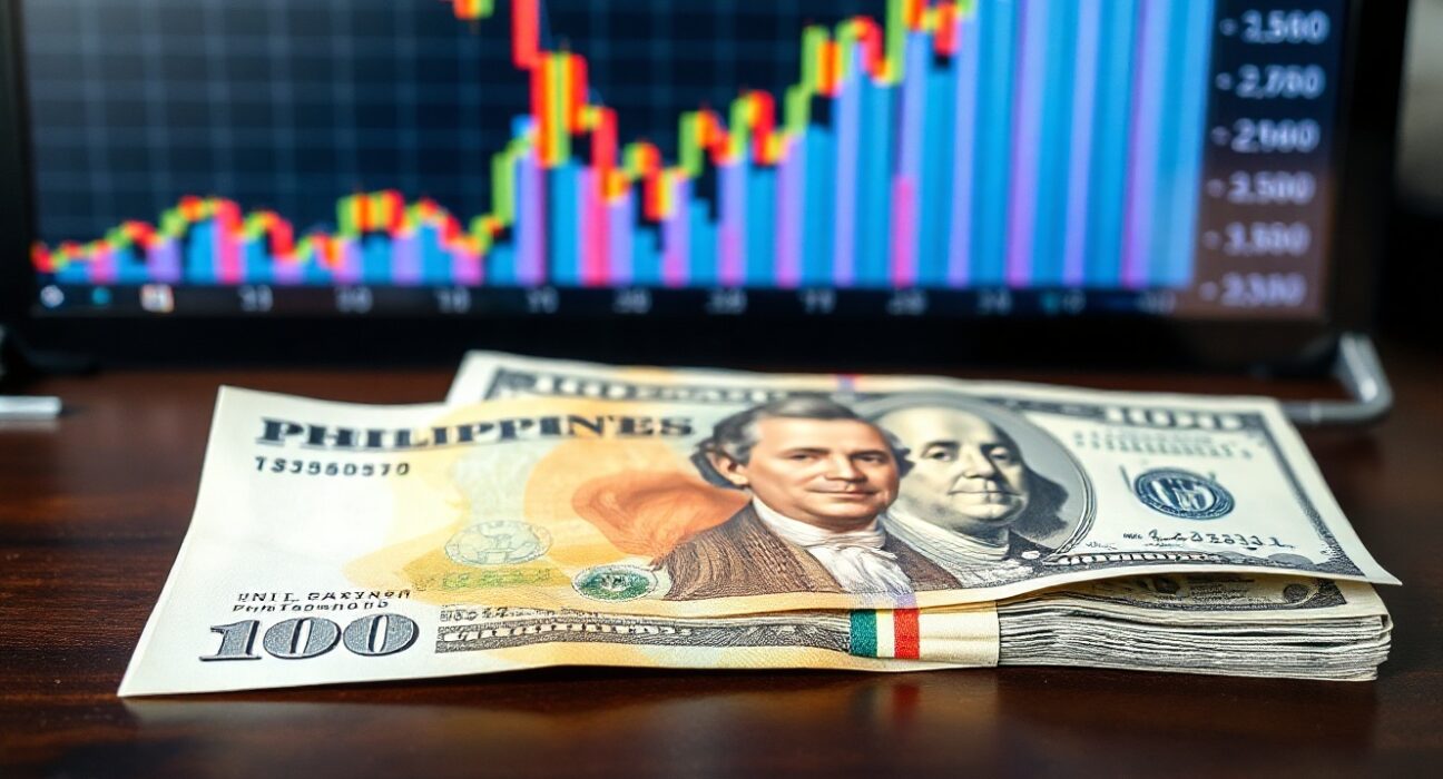 Philippine peso and US dollar banknotes on a table with a financial chart in the background, representing the USD/PHP exchange rate forecast.